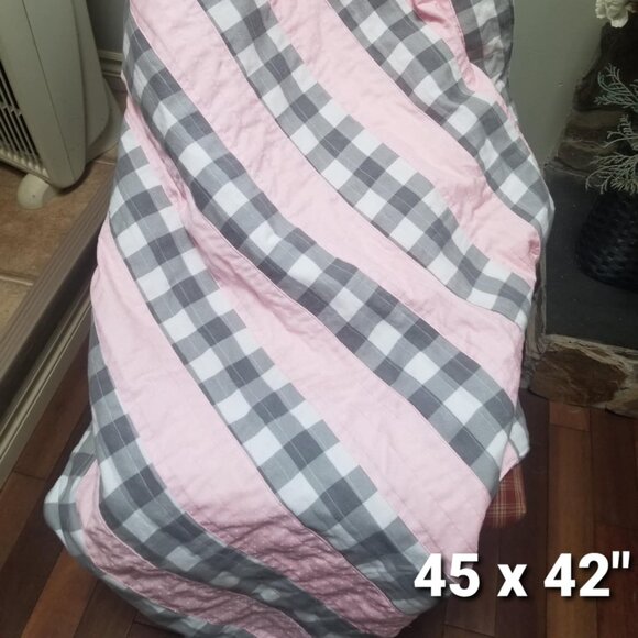 New Baby Girl Quilt, Shower Gift Handmade Crib Lap Blanket Pink Grey Plaid - Picture 1 of 5